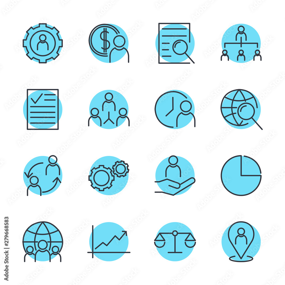 Poster Icons Set of Team Work Related Vector Simple Line. Management line icons. Startup strategy and Employees linear icons. Business strategy, Startup and Teamwork symbols.