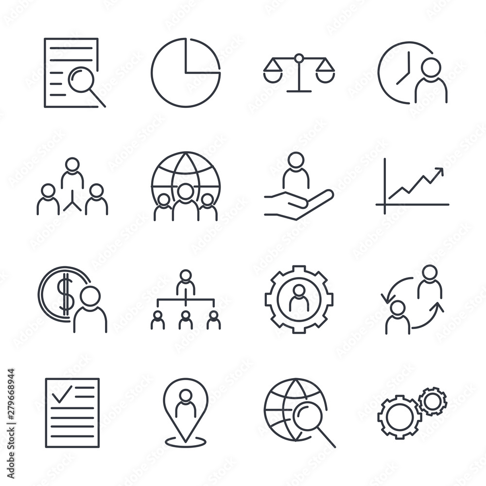 Poster Icons Set of Team Work Related Vector Simple Line. Management line icons. Startup strategy and Employees linear icons. Business strategy, Startup and Teamwork symbols.