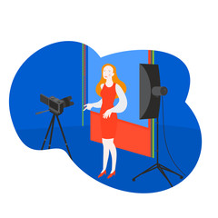 Filming video for internet blogger. Cartoon tv host woman in studio. Recording media content and shooting photography