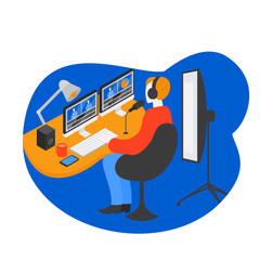Video editor. Man creates media content. Movie editing and sound production. Filmmaker and videographer. Cyber sport Gamer in headphones playing online game and livestreaming. Player recording stream