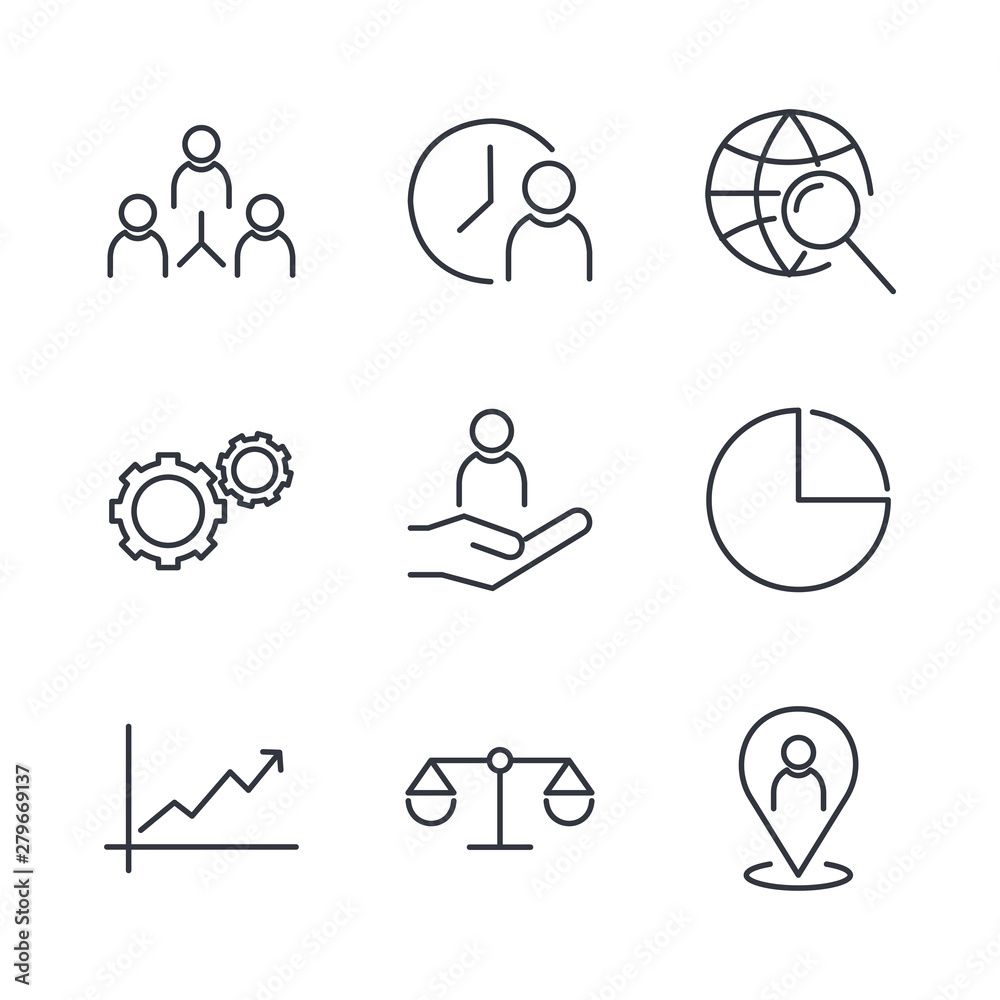 Aufkleber icons set of team work related vector simple line. management line icons. startup strategy and emplo