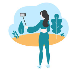 Cartoon internet blogger recording media content using selfie stick. Influencer filming video blog. Girl takes photography on her smartphone