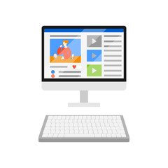 Make up tutorial and cosmetic review on computer display. Flat monitor screen with beauty blogger on video site.