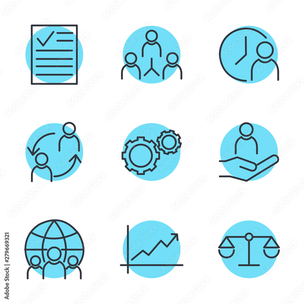 Aufkleber icons set of team work related vector simple line. management line icons. startup strategy and emplo