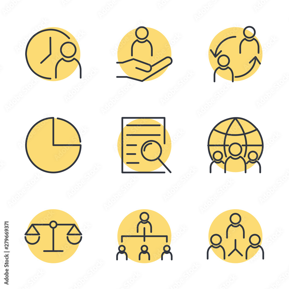 Poster Icons Set of Team Work Related Vector Simple Line. Management line icons. Startup strategy and Employees linear icons. Business strategy, Startup and Teamwork symbols.