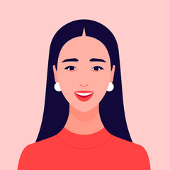 The face of a happy girl. Avatar of a laughing young woman. Portrait. Vector flat illustration