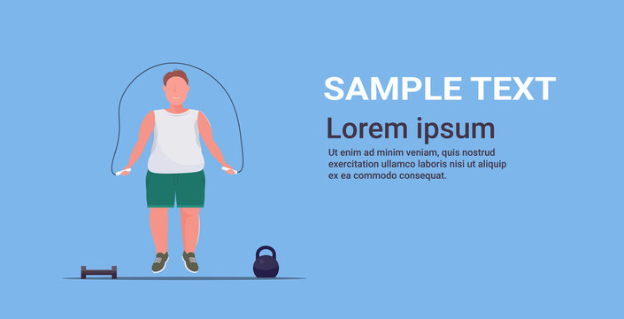 Fat Obese Man Doing Exercises With Jumping Rope Overweight Guy Training Workout Weight Loss Concept Flat Full Length Blue Background Horizontal Copy Space