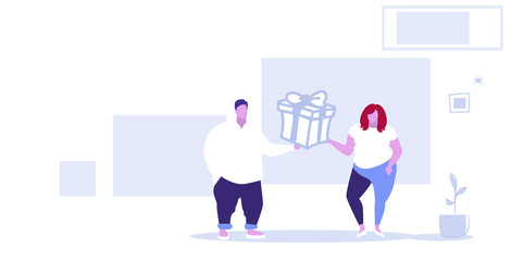 Fat woman giving surprise box present