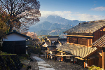 Magome juku preserved town at sunrise, Kiso