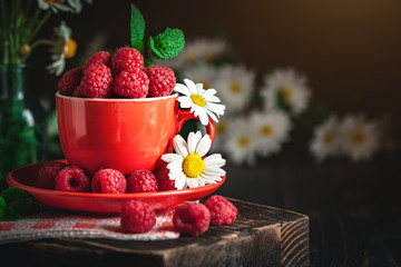 Raspberry in a red cup with chamomile and leaves on a dark background. Summer and healthy food concept. Background with copy space. Selective focus.