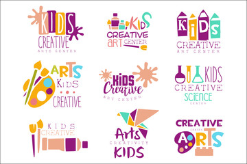 Kids Creative Class Template Promotional Logo Set With Symbols Of Art and Creativity, Painting Origami