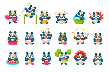 Obraz na płótnie Canvas Cute Panda Emoji Collection With Humanized Cartoon Character Doing Different Things