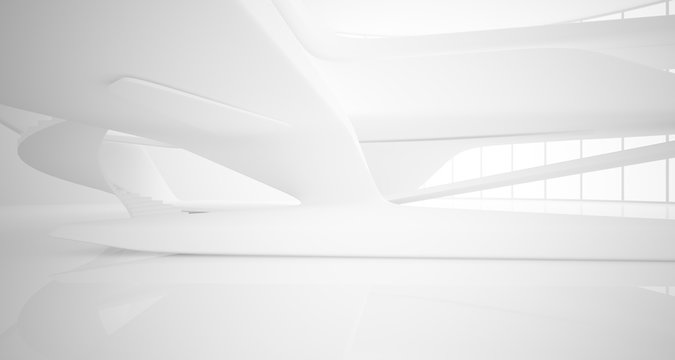 Abstract architectural white smooth interior of a minimalist house with large windows.. 3D illustration and rendering.