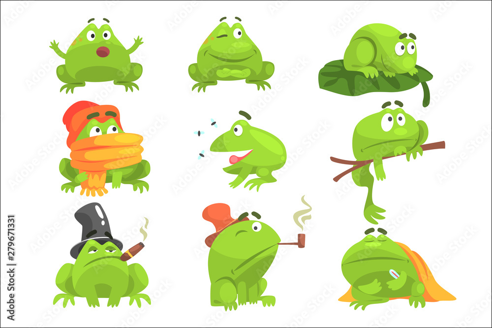 Sticker Green Frog Funny Character Set Of Different Activities