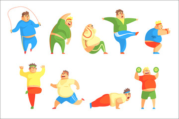 Obraz na płótnie Canvas Funny Chubby Man Character Doing Gym Workout Set Of Illustrations
