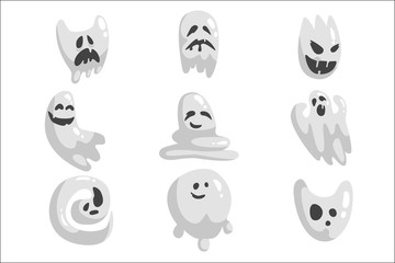 White Ghosts In Childish Cartoon Manner Set