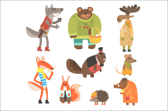 Forest Animals Dressed In Human Clothes Set Of Illustrations