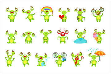 Green Monster Character Different Emotions And Situations Set