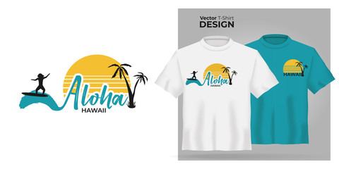 Vector Unisex t-shirt mock up set. 3d realistic shirt template Aloha Hawaii quote with surfing men on ocean blue waves and yellow sun on white background. Blue and white tee mockup hawaii design
