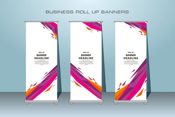 Creative roll up banner stand template design. Vertical banner template.  Universal standing banner for conference, promotion banner vector background.  Modern publication x-banner and flag-banner.