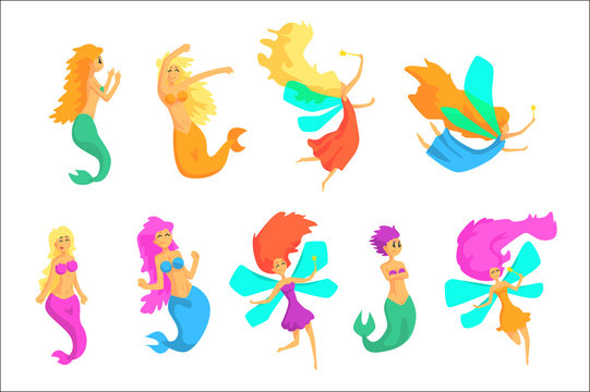 Mermaids And Fairies Fairy-Tale Fantastic Creatures With Wings Fish Tail Set Of Colorful Cartoon Characters