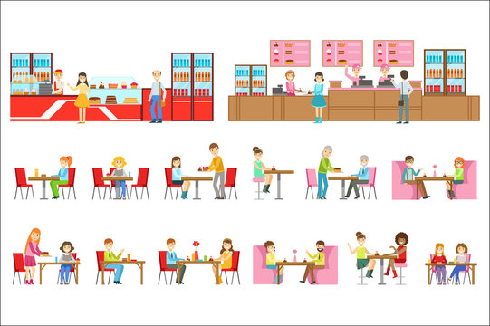 People In Sweet Pastry Cafe Set Of Illustrations