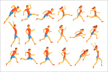 Male Sportsman Running The Track With Obstacles And Hurdles In Red Top Blue Short In Racing Competition Set Of Illustrations.