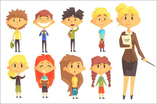 Elementary School Group Of Schoolchildren With Their Female Teacher In Suit Set Cartoon Characters