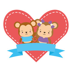 cute couple monkey animals heart love ribbon
