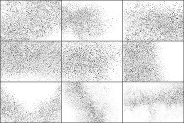 Set of Black Grainy Texture Isolated on White Background. Dust Overlay Textured. Dark Rough Noise Particles. Chaotic Explosion. Vector Design Elements, Illustration, EPS 10.