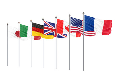 G7 flags Silk waving flags of countries of Group of Seven Canada, Germany, Italy, France, Japan, USA states, United Kingdom 2019. Big Seven. Isolated on white. 3D illustration.