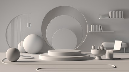 3d render, abstract geometric background, cylinder podium, minimalistic primitive shapes, modern mock up, blank template, gold metal grid, mesh, empty showcase, shop display