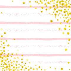 Wedding glitter confetti with dots on pink stripes. Shiny random sequins with metallic sparkles. Template with gold wedding glitter for greeting card, bridal shower and save the date invite.