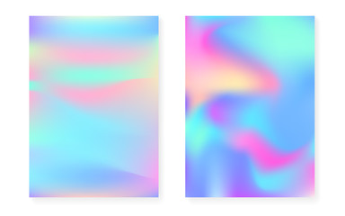 Holographic gradient background set with hologram cover. 90s, 80s retro style. Iridescent graphic template for flyer, poster, banner, mobile app. Neon minimal holographic gradient.