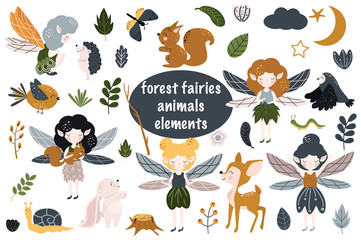 set of isolated forest fairies - vector illustration, eps