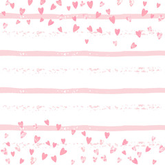Fototapeta na wymiar Wedding glitter confetti with hearts on pink stripes. Shiny random falling sequins with shimmer. Design with pink wedding glitter for party invitation, event banner, flyer, birthday card.