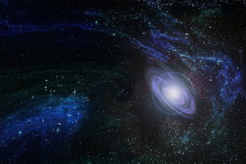 new nascent galaxy in infinite space among multicolored constellations and nebulae, illustration.