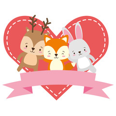 cute deer fox and rabbit animals heart love ribbon