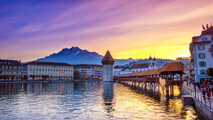 Lucerne, Switzerland; 11/01/2017; Historic city center with its famous Chapel Bridge and Mt....