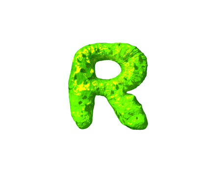 lime jelly font - letter R in alien style isolated on white background, 3D illustration of symbols