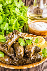 Dolma, stuffed grape leaves with rice and meat.