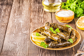 Dolma, stuffed grape leaves with rice and meat.