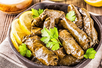 Dolma, stuffed grape leaves with rice and meat.