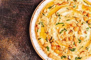 Hummus, chickpea dip, with spices.