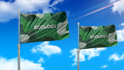 Two green flags on blue sky background. Ecology sign concept. 3d illustration