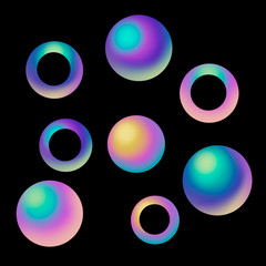 Set of colorful round shining circles isolated on black background. Beautiful abstract luxury light rings and balls.  Design can be used for textile, print, banner