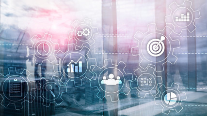 Business process automation concept. Gears and icons on abstract background.