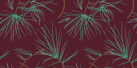 Christmas seamless pattern for festival Burgundy background design. Winter sale fair branding. New Year seasonal celebration greeting card. Pine cone xmas branches with leaves isolated fir