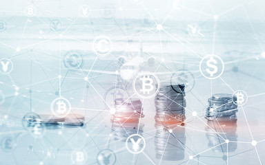 Bitcoin Euro Dollar Finance Web Money concept. oins on virtual screen double exposure.
