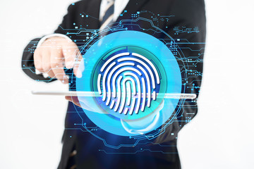 Fototapeta premium Fingerprint scan provides security access with biometrics identification. Business Technology Safety Internet Concept